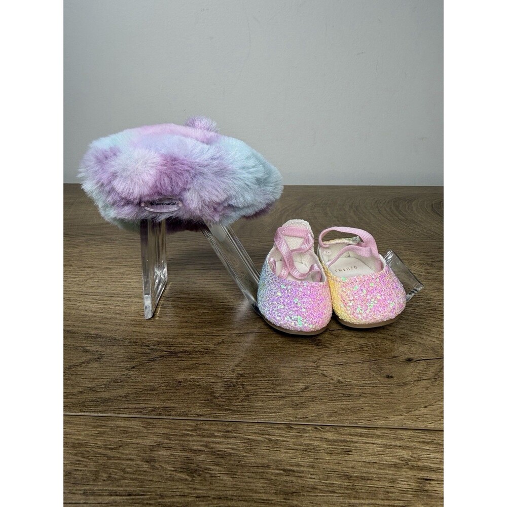 American Girl Doll Gwynn’s Tie Dye Fluffy Beret And Rainbow Glitter Shoes